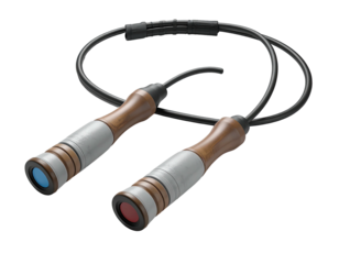 Digital jump rope with wooden handles, detailed, on a black background