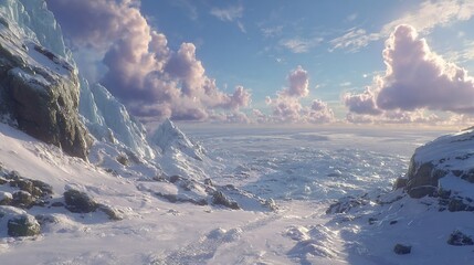 Spectacular frozen landscape featuring snow-capped mountains and majestic cloud formations