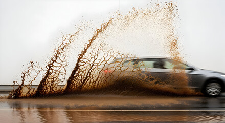 Fast Moving Car Splashing Mud on Wet Road During Rainy Weather