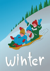 Children are sledding down a hill. Vector illustration.