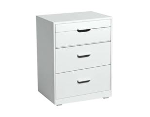 A clean, white, three-drawer cabinet with a top drawer, rendered on black