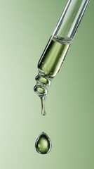 A dropper releasing a green liquid drop against a soft green background