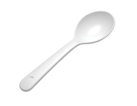 A clean, white plastic spoon is diagonally oriented against a black background