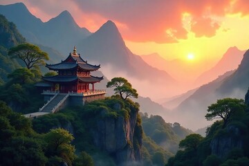 Serene Sunrise over Eastern Temple Misty Mountains, Ancient Trees, Peaceful Contemplation