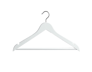 A white wooden clothing hanger with a chrome hook, against a black background