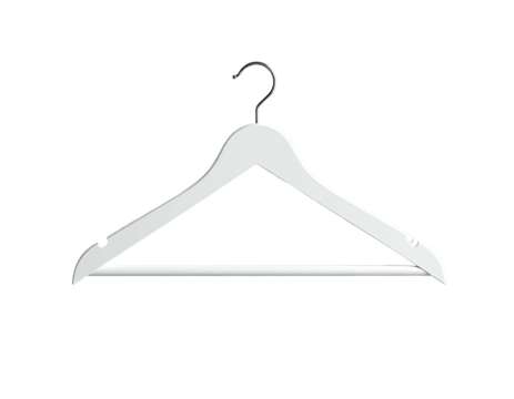 A white wooden clothing hanger with a chrome hook, against a black background