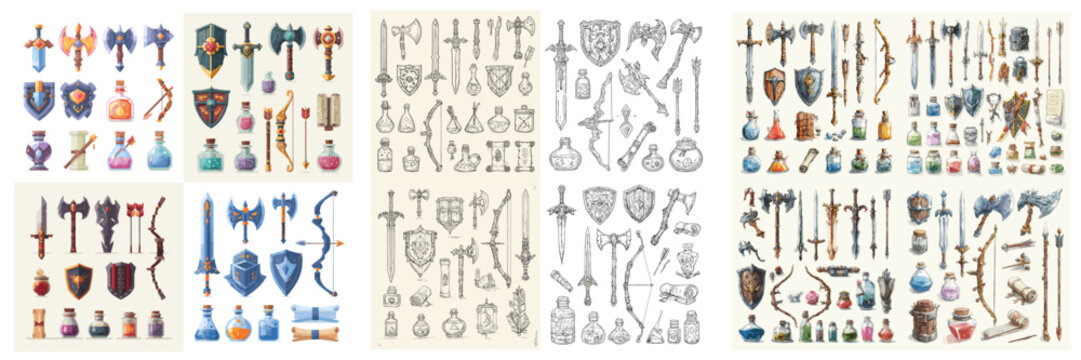 Vector collection of medieval weapons and armor including swords, shields, axes, bows, helmets, and potions. Perfect for fantasy or RPG design themes.