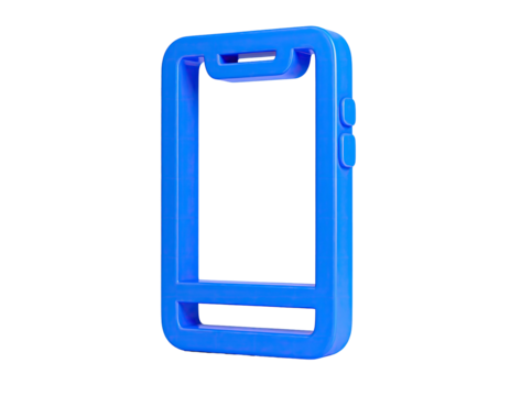 A blue, stylized mobile phone outline with no screen against a black background