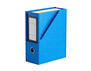 A blue file holder with files inside, angled top, black background