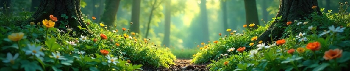 Sunlit Forest Floor Vibrant Wildflowers and Lush Undergrowth in a Peaceful Wilderness