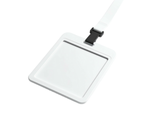 A blank white ID badge with lanyard and black clasp, against a dark background