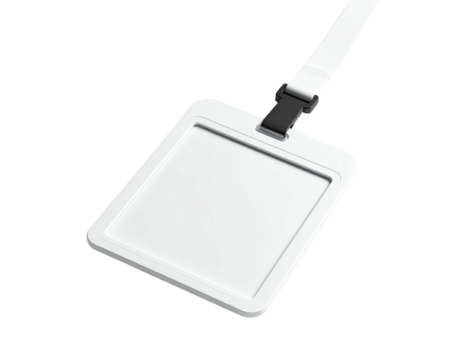 A blank white ID badge with lanyard and black clasp, against a dark background