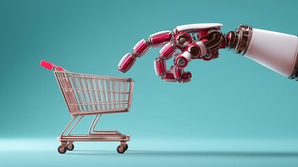 Digital Commerce: A robotic hand interacting with a shopping cart, symbolizing automation and technological advancement in retail and online shopping. 