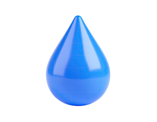 Glossy, three-dimensional blue water droplet, isolated against a stark black background