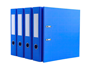 A row of four upright blue ring binders with white spine labels