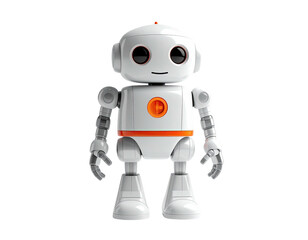 A cute, friendly, white robot with orange accents stands against a black backdrop