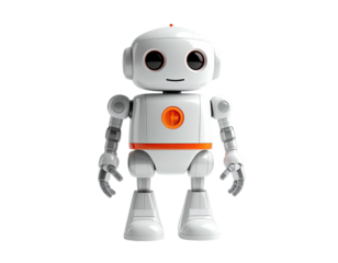 A cute, friendly, white robot with orange accents stands against a black backdrop