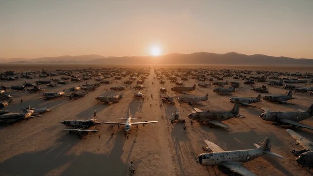 Aerial Panorama of Airplane Graveyard at Sunset in Arid Desert