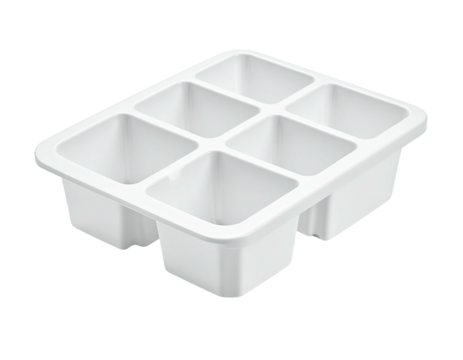 White plastic ice cube tray with six square compartments