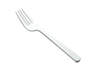 Isolated shot of a white, four-tined fork with a long handle, on a black background
