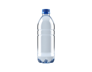 Transparent plastic water bottle with a blue cap against a black background