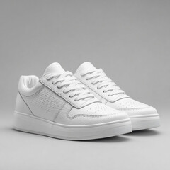 Clean white minimalist sneakers on light gray background – studio product shot, high detail, isolated, ideal for e-commerce and fashion design