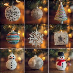 Collection of nine festive Christmas ornaments on wooden surface with warm bokeh lights – holiday decor, winter celebration, copy space for greeting cards and ads