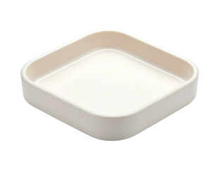 An empty, off-white, square, shallow ceramic dish isolated on a black background