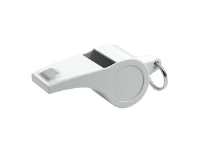 A white, plastic whistle with a metal ring, set against a black background