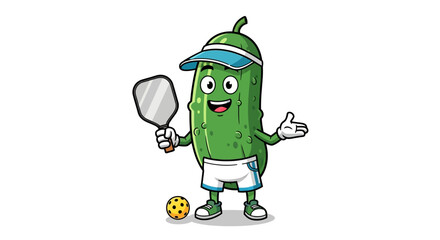 Cartoon pickle character with visor holding paddle ready to play pickleball game fun