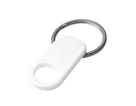 White rectangular keychain tag with circular loop, connected to a split ring