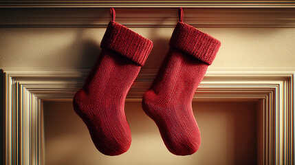 Classic Red Christmas Stockings Hanging on Fireplace Mantel