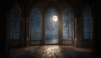 Gothic-style room at night, moonlight through arched windows, starry sky over ocean