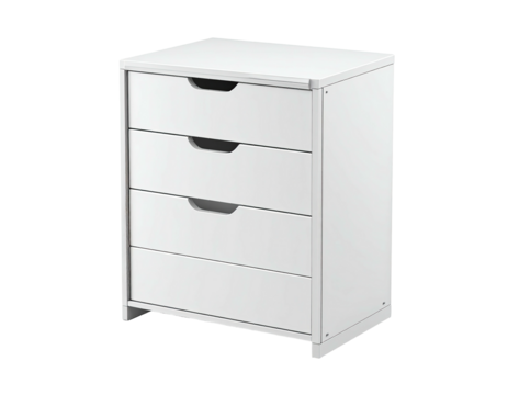 A white, four-drawer cabinet with recessed handles against a dark background