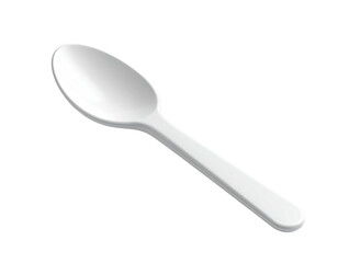 A white, plastic spoon isolated on a black background, slight perspective