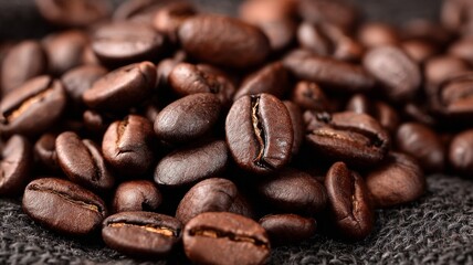 Naklejka premium Close-up of roasted coffee beans spilling from a burlap sack on a rustic wooden surface, highlighting rich textures and deep brown tones for gourmet coffee concept