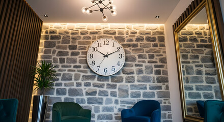 Modern Interior Lounge with Brick Wall Large Wall Clock Green and Blue Chairs Elegant Decor Contemporary Style
