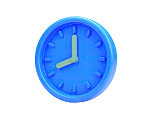 A close-up, 3D rendered blue clock face with light green hands, black background