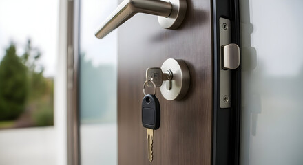 Modern Wooden Door with Silver Handle and Key Lock in Residential Entrance