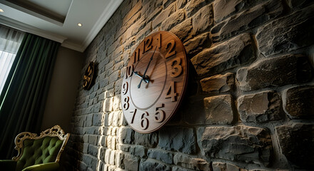 Modern Wooden Wall Clock on Rustic Stone Wall in Cozy Living Room