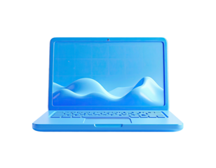Blue laptop with 3D landscape on screen against a black background