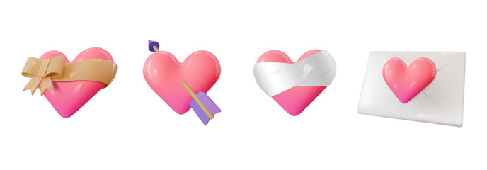 3d emoji Heart Ribbon, Heart Arrow, recovery heart and love letter icon illustration