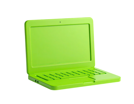 A bright green laptop, rendered in 3D, isolated on a solid black background - Powered by Adobe