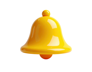 Shiny, stylized yellow bell with a red base and small orb on top, isolated on black
