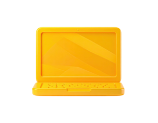 A vibrant yellow laptop illustration, rendered in a minimalist, geometric style