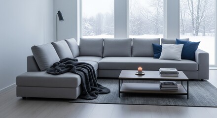 Cold modern living room with one side of the couch empty, blanket left crumpled