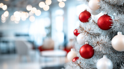 Flocked christmas tree branches with glittering red and matte white ornaments and warm string lights, bokeh background for holiday greetings, cards, and seasonal promotions