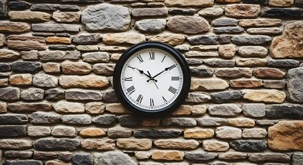 Round Wall Clock with Roman Numerals on Rustic Brick Wall