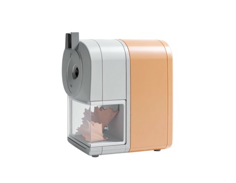 A light gray and orange colored pencil sharpener with a transparent shavings holder