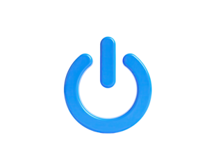 Glossy blue power symbol on a black backdrop, suggesting on/off functionality
